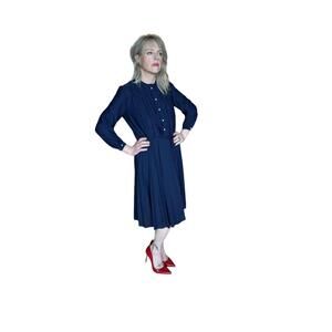 Vintage Montgomery Ward Navy Blue Pleated Dress Long Sleeves & Button Front